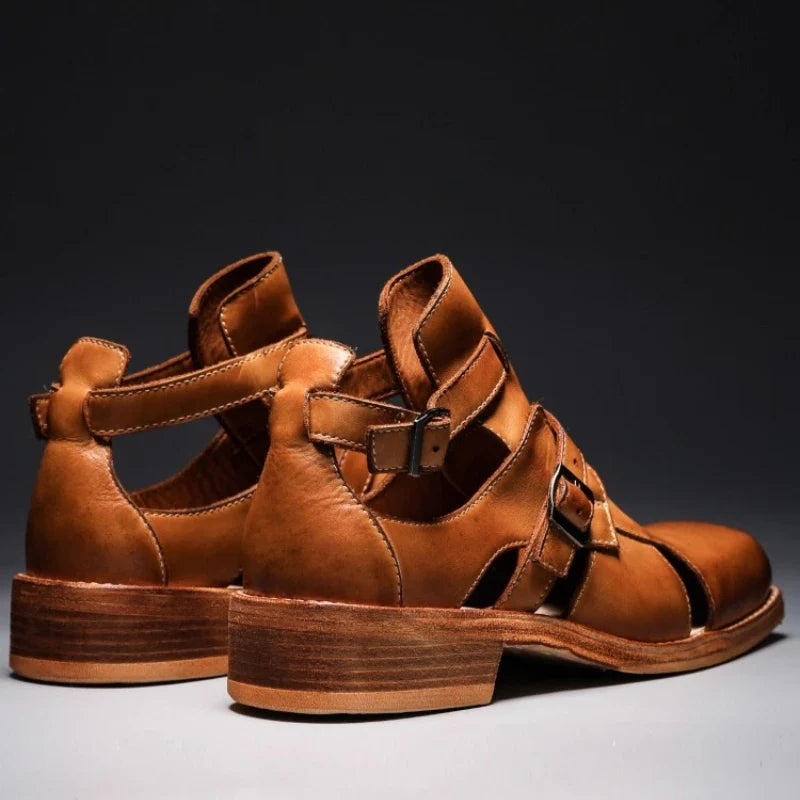 Summer Hollow Breathable Bag Head Sandals Shoes for Men's Genuine Leather Retro Goodyear Handmade Leather Sole Roman Sandals Man