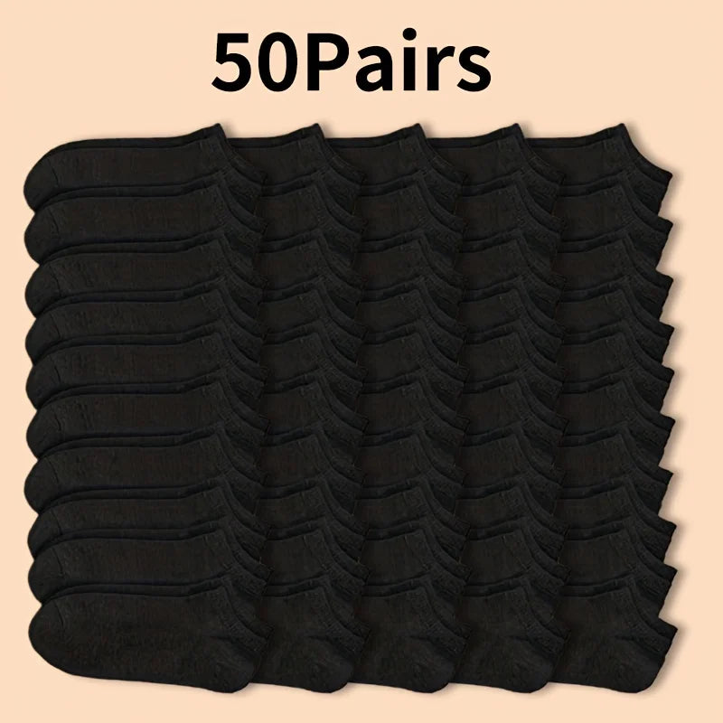 Unisex Low-Cut Ankle Socks – 30/50 Pairs Non-Slip Summer Short Socks - 25 Black 25 White