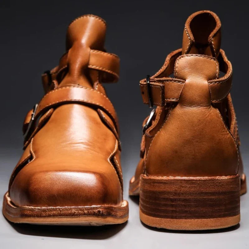 Summer Hollow Breathable Bag Head Sandals Shoes for Men's Genuine Leather Retro Goodyear Handmade Leather Sole Roman Sandals Man