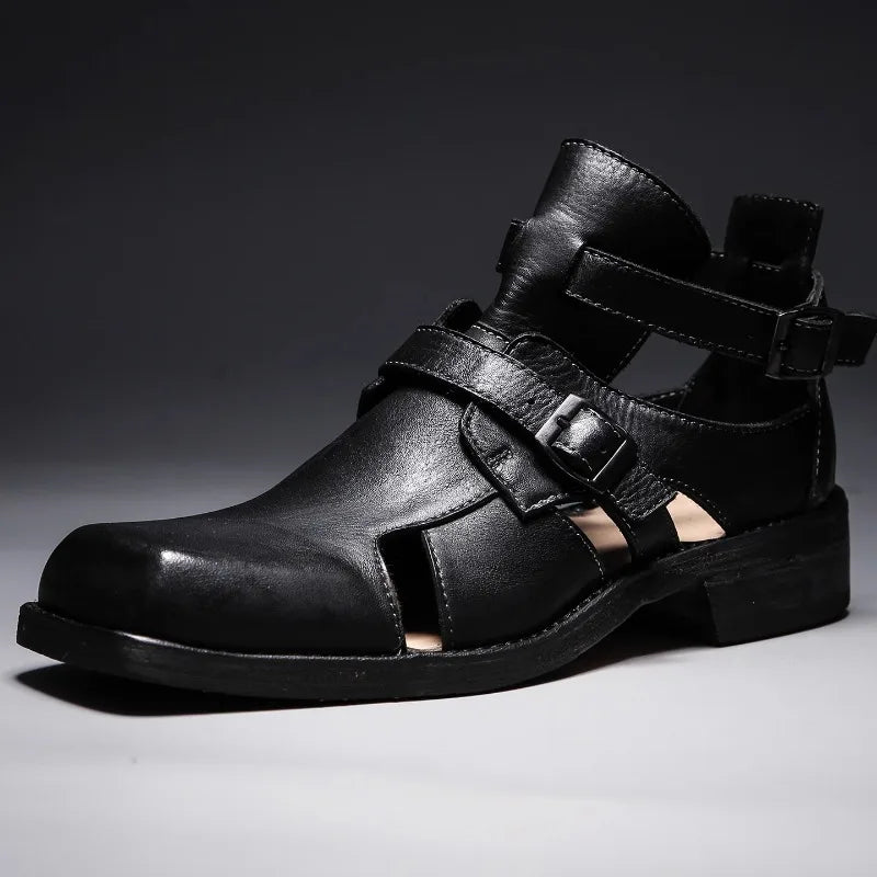 Summer Hollow Breathable Bag Head Sandals Shoes for Men's Genuine Leather Retro Goodyear Handmade Leather Sole Roman Sandals Man