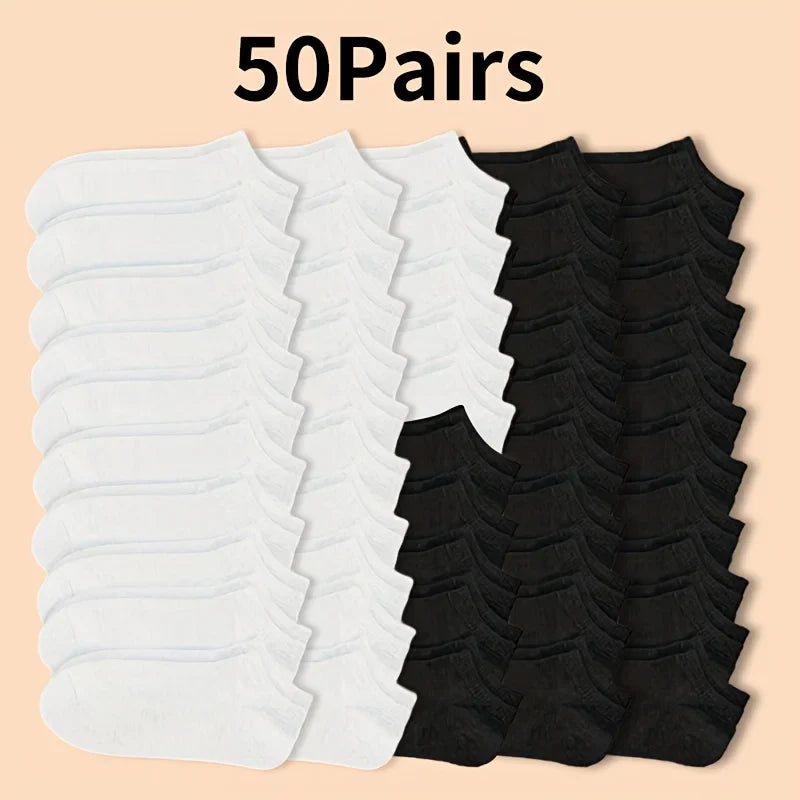 Unisex Low-Cut Ankle Socks – 30/50 Pairs Non-Slip Summer Short Socks - 25 Black 25 White
