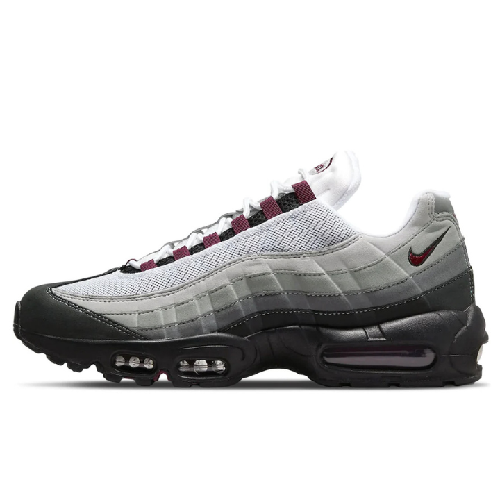 Nike Air Max 95 Dark Beetroot sneakers featuring a premium leather and mesh upper in dark beetroot, black, and white hues with iconic Air cushioning and a durable rubber outsole, available at Shoe Xport.